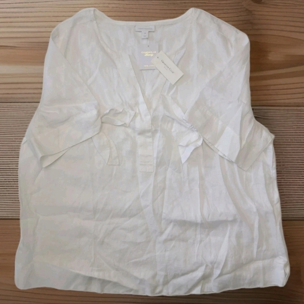 NEW Charter Club Plus Core Linen Bow Short Sleeve Shirt Womens 3x White NWT